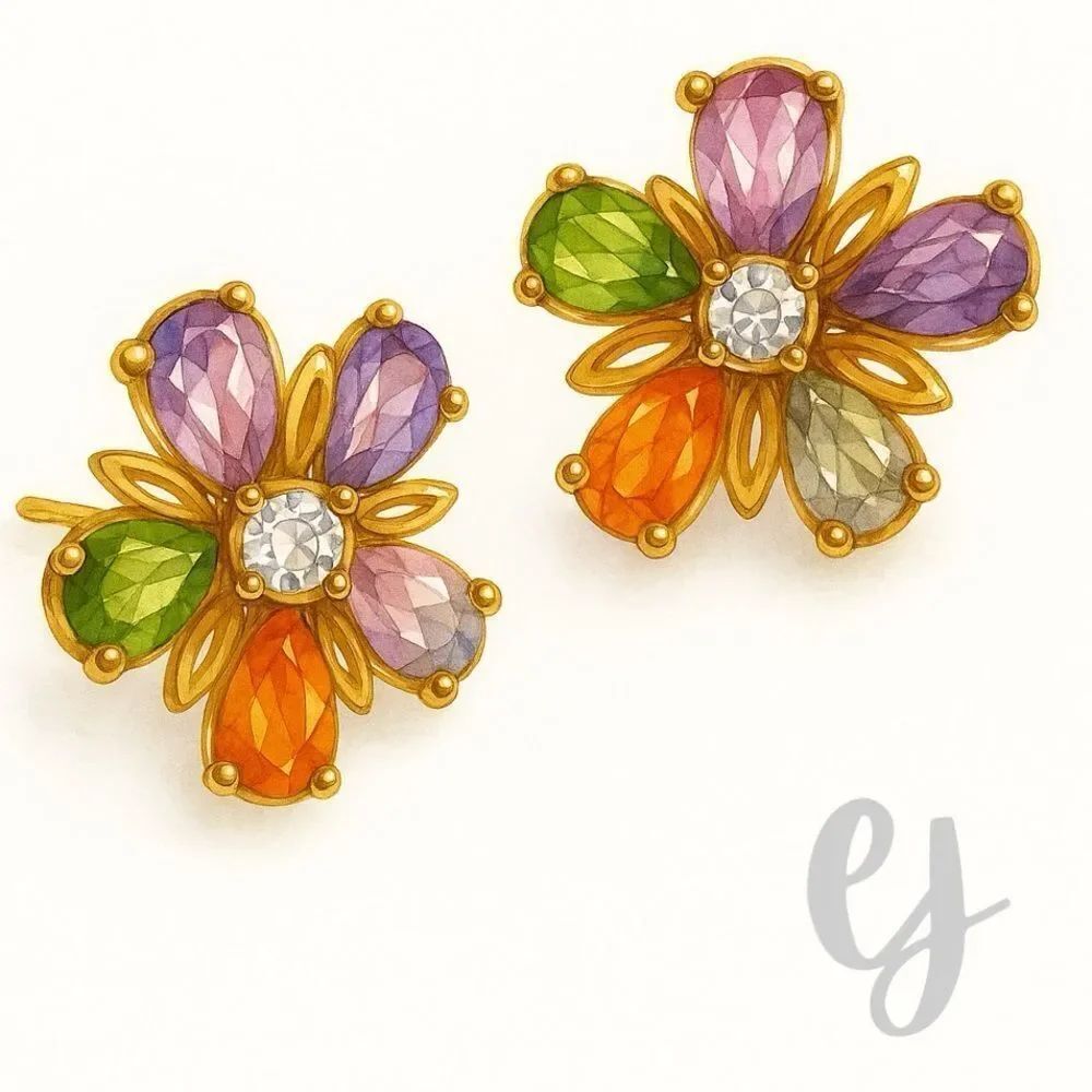 Palette Stud Earrings – Watercolor Crystal Petals, Gold Tone